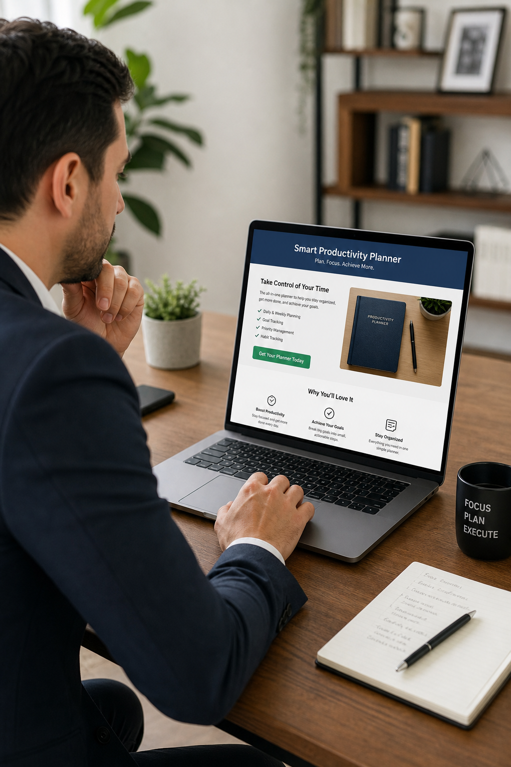 Professional entrepreneur reviewing a simple affiliate marketing page on a laptop in a clean workspace