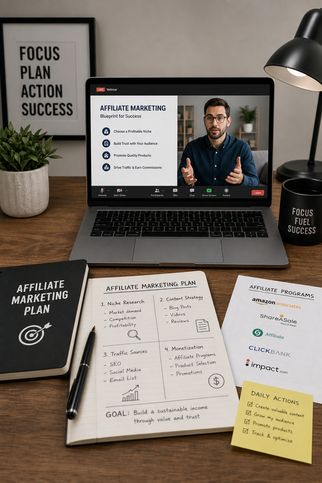 Clean professional desk setup showing affiliate marketing planning materials and a webinar on screen