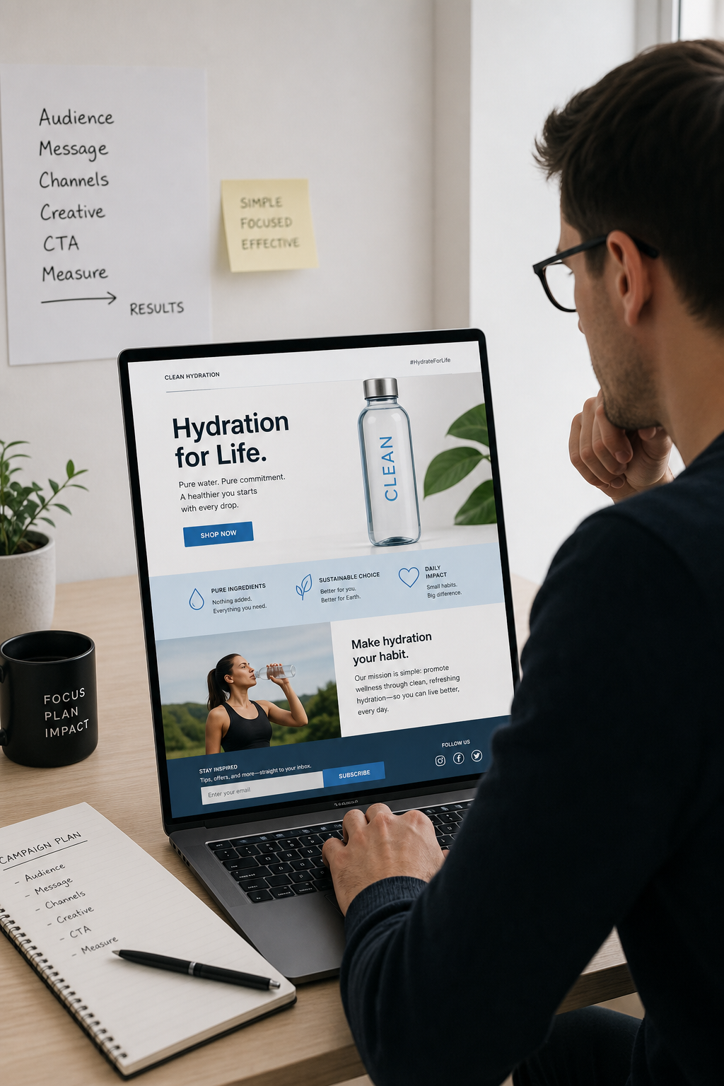 Professional marketer working on a focused single-page campaign with a minimalist setup