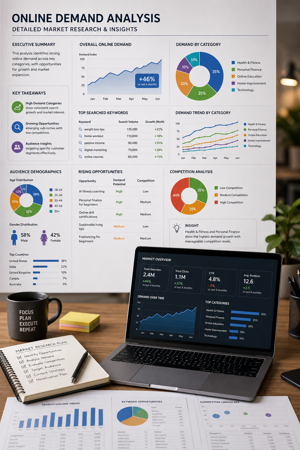 Detailed analytics and market research displayed beside a laptop for identifying online demand